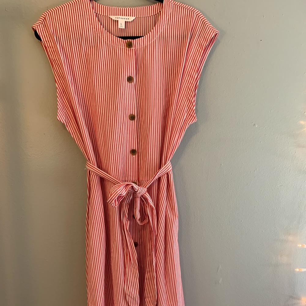 Popsugar Sleeveless Red and Cream Striped Button Down Midi Dress Size L